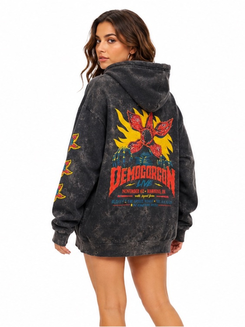 Stranger Things Demogorgon Acid Wash Graphic Hoodie XL Netflix Oversized Pullove